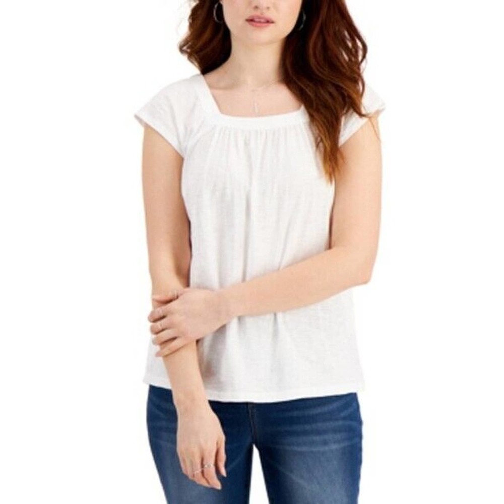 𝅺JR649 Style & Co White Juniors' Solid Flutter-Sleeve Top Size L